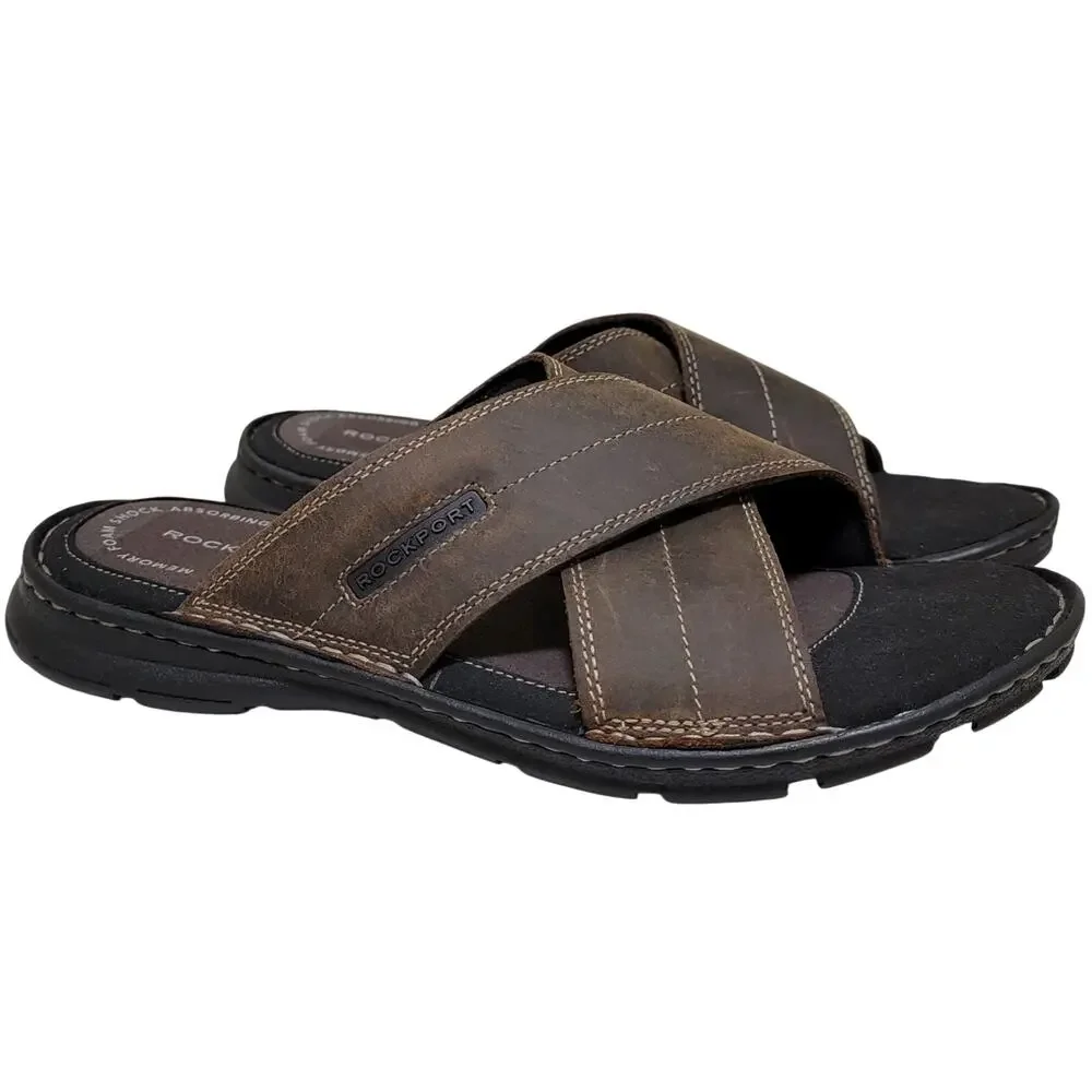 Rockport Men Darwyn Xband Cross Strap Slide Sandals Size US 8M Brown Leather